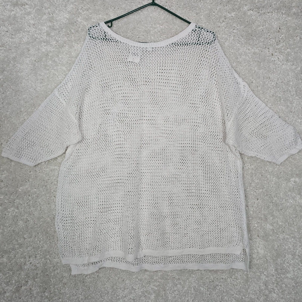 J Jill Womens Open Knit Sweater White Size 2X‎ Short Sleeve Linen Cotton Coastal